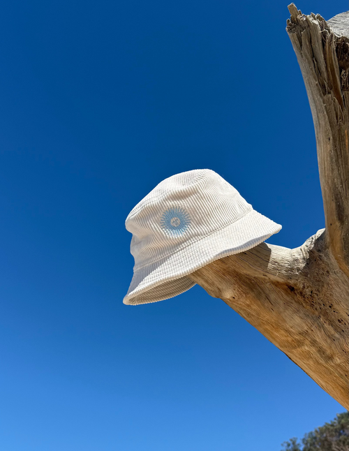 The crema corduroy piluso on driftwood against blue sky.