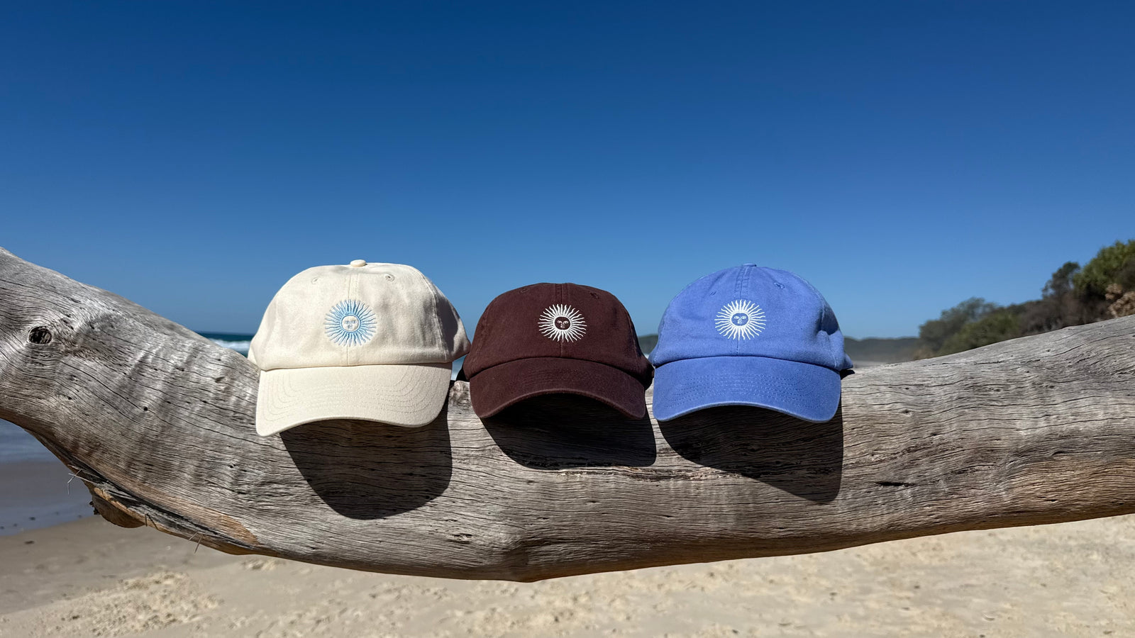 Three baseball caps in cream, burgundy, and blue, each featuring a circular white and light blue logo, displayed on a large piece of driftwood on a sandy beach with a blue sky background.